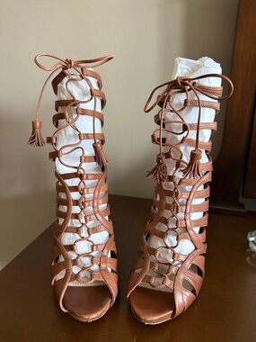 Prada Tan Brown Strappy Gladiator Lace-Up Heels